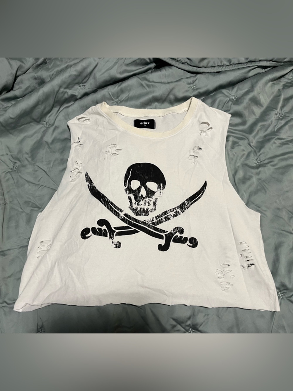 Other UK White Cropped Distressed Tank with Pirate Skull & Swords Graphic